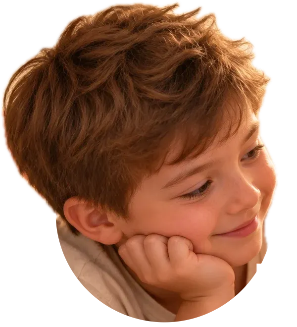 A smiling boy resting his chin on his hand